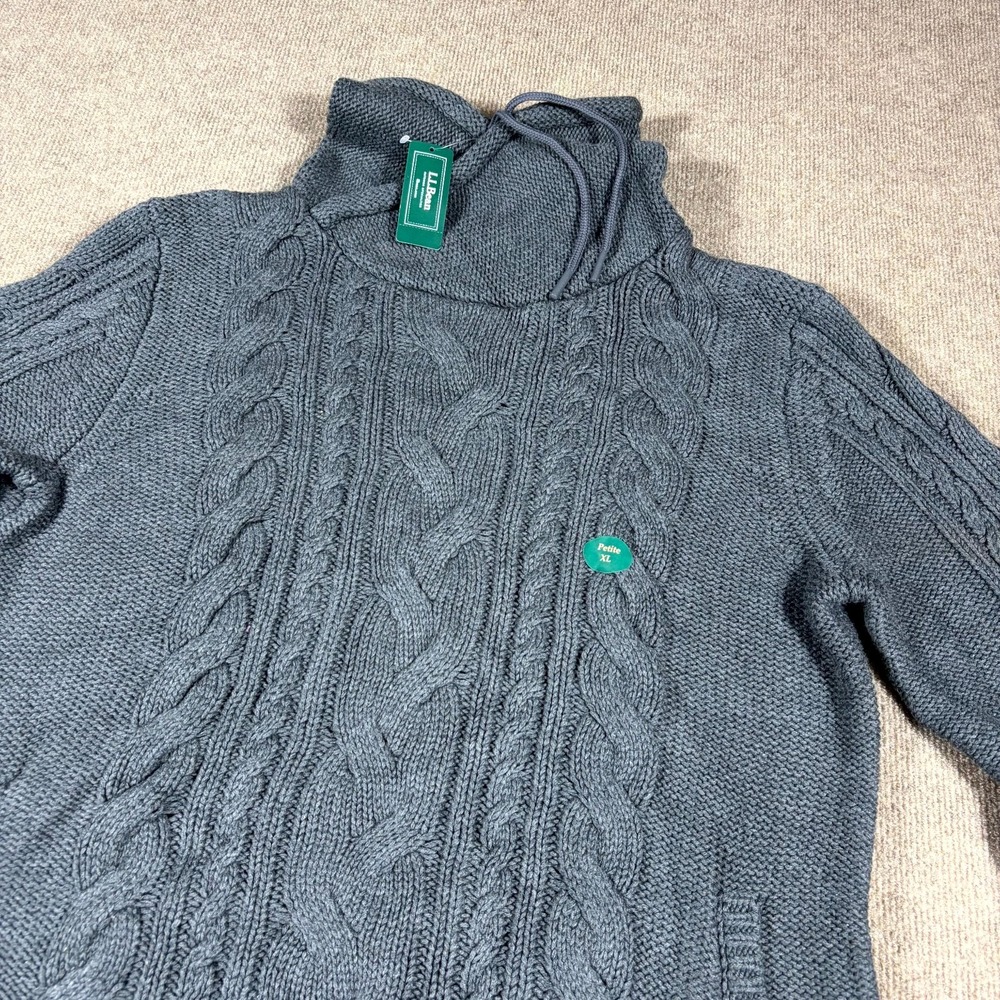 L.L. Bean Double L Cable Knit Sweater Womens XL Petite Charcoal Gray Funnel Neck